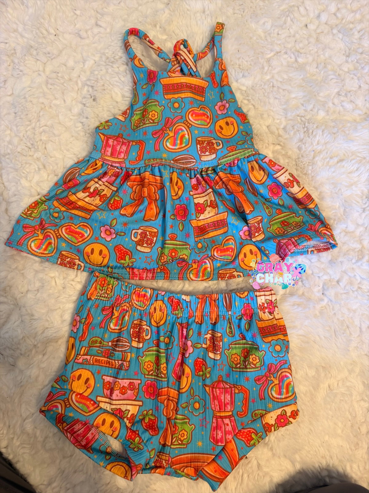3T cross back peplum and shorties